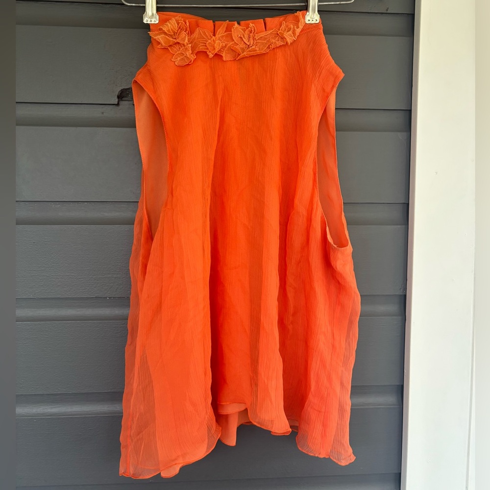 Emporio Armani Coral Silk Floral Appliqué mock neck button back sleeveless top